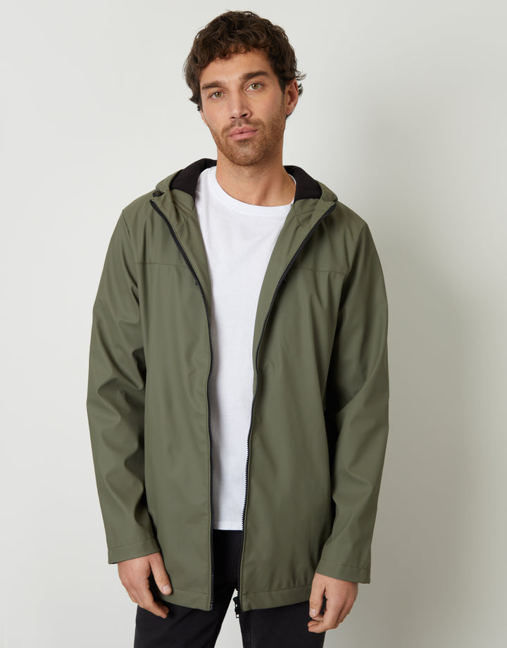 Microfleece Lined Hooded Rubberised Raincoat in Khaki Green
