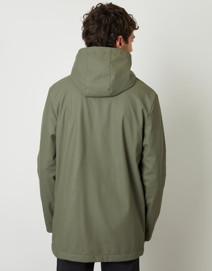 Microfleece Lined Hooded Rubberised Raincoat in Khaki Green