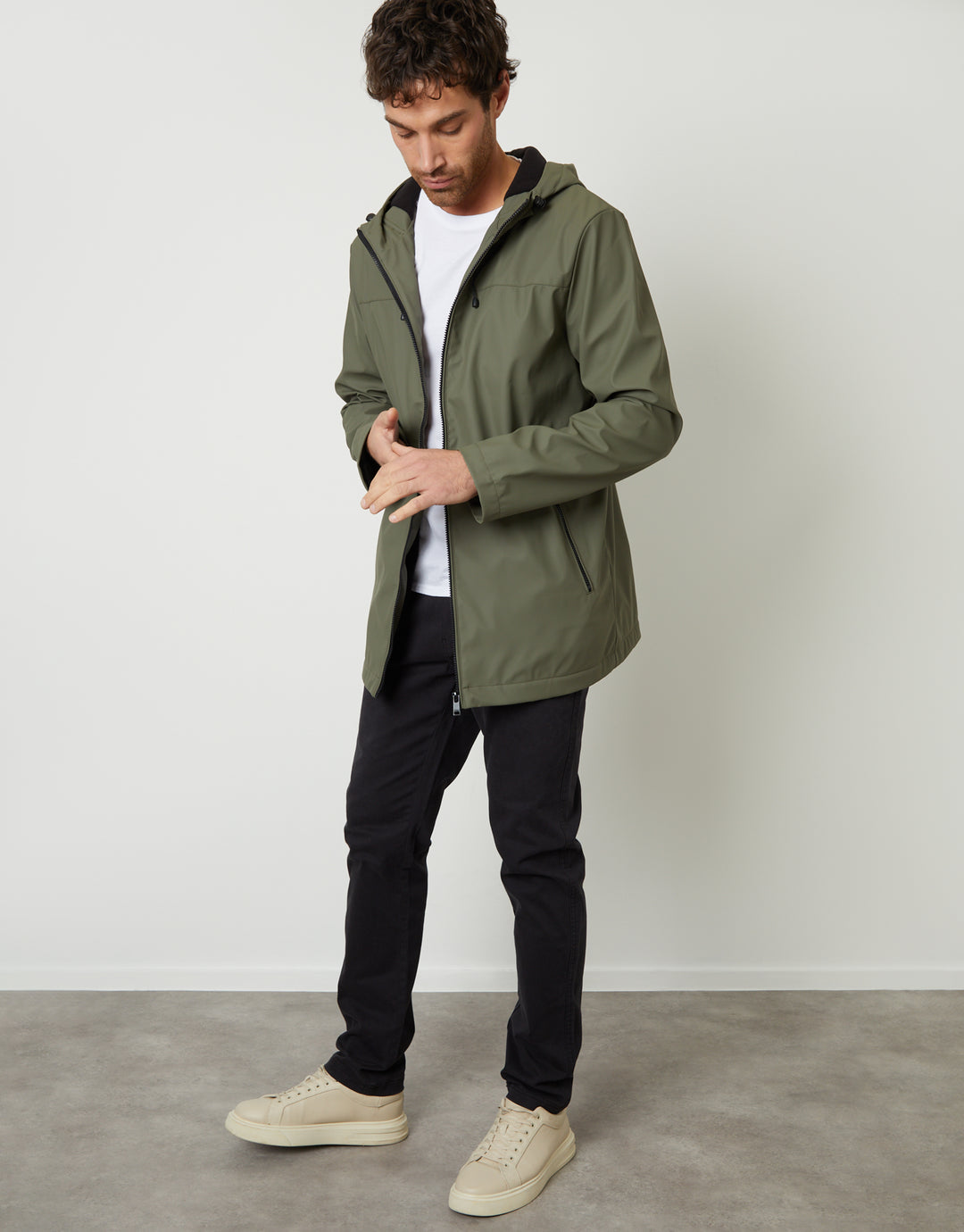 Microfleece Lined Hooded Rubberised Raincoat in Khaki Green