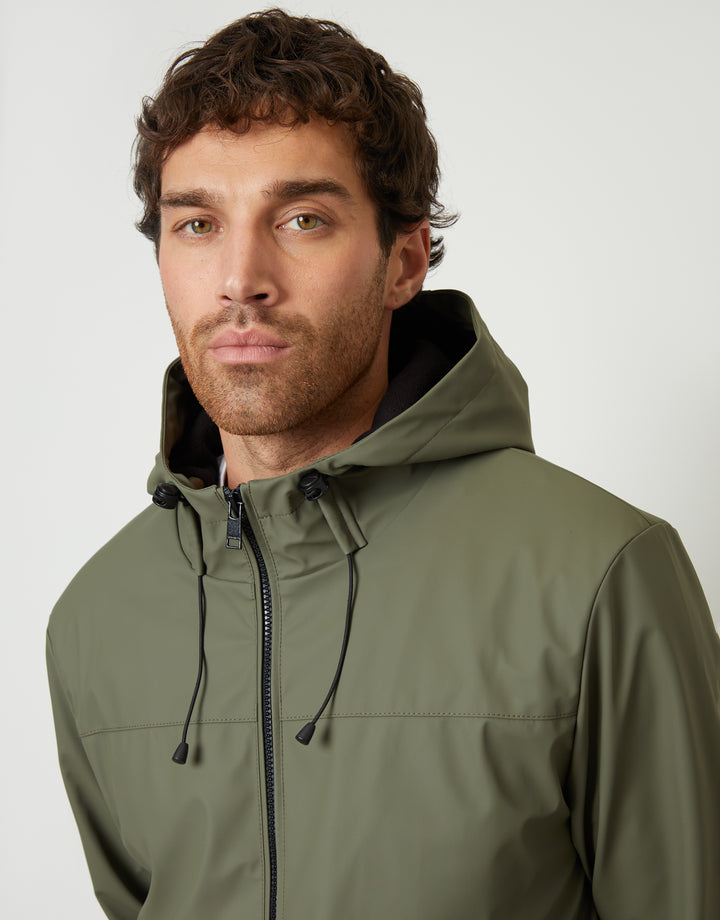 Microfleece Lined Hooded Rubberised Raincoat in Khaki Green