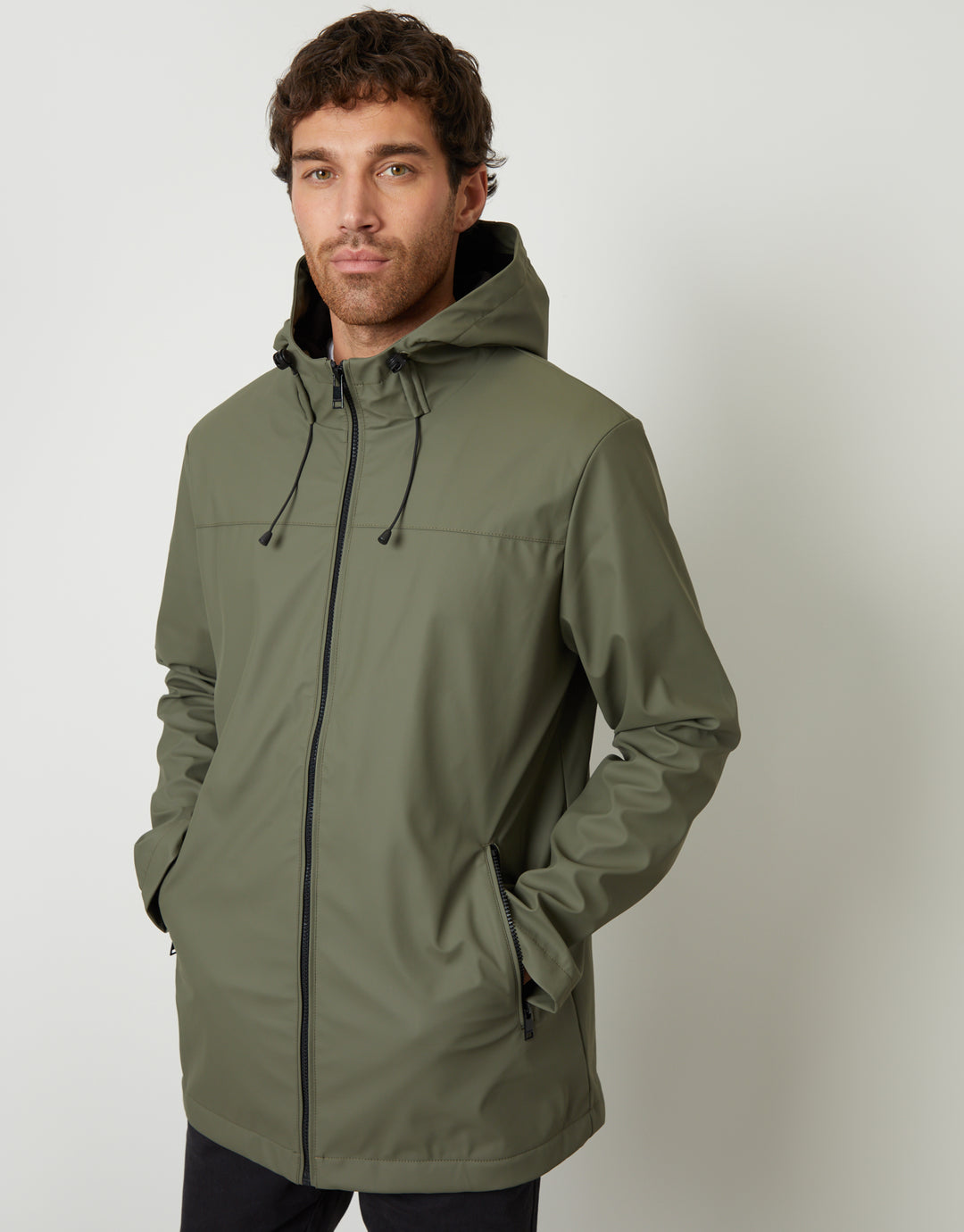 Microfleece Lined Hooded Rubberised Raincoat in Khaki Green