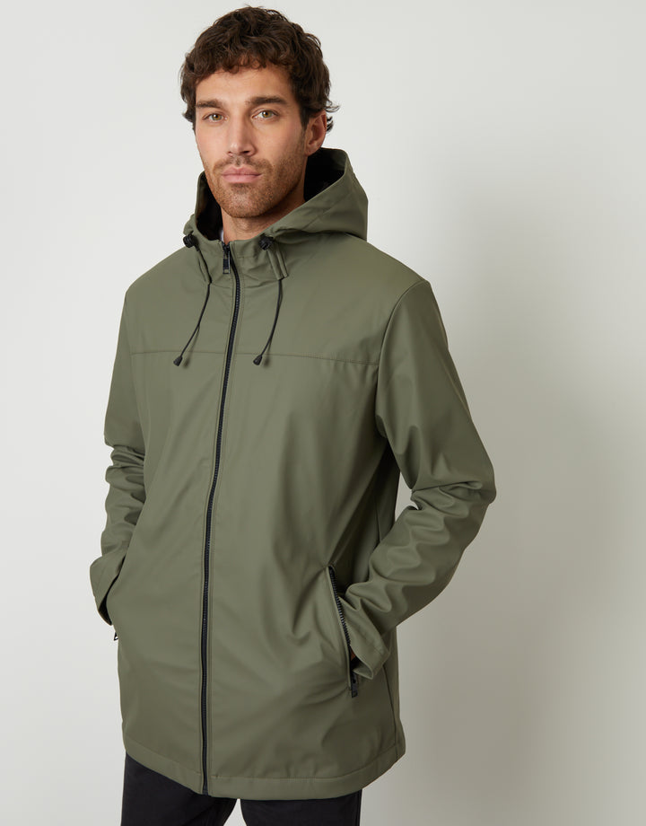 Microfleece Lined Hooded Rubberised Raincoat in Khaki Green