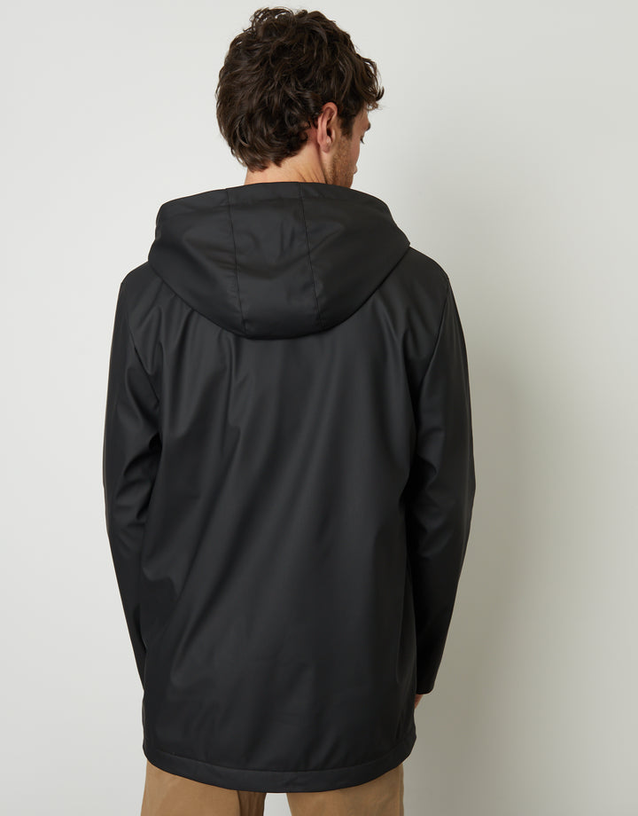 Black Microfleece Lined Hooded Rubberised Raincoat