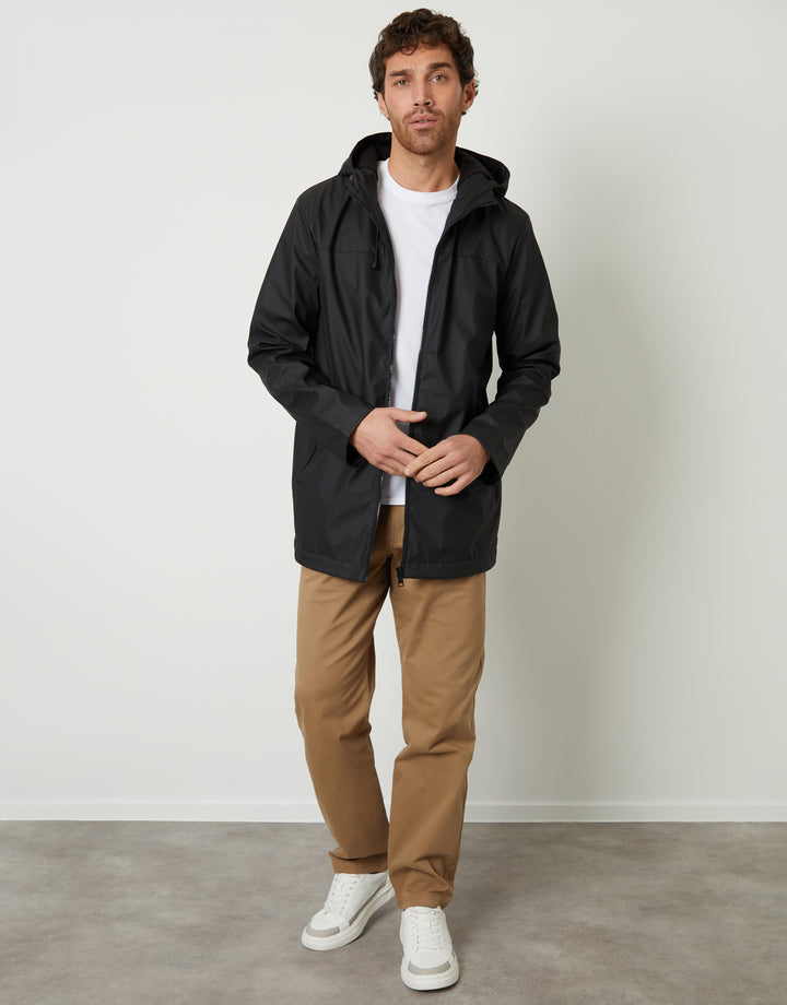 Black Microfleece Lined Hooded Rubberised Raincoat
