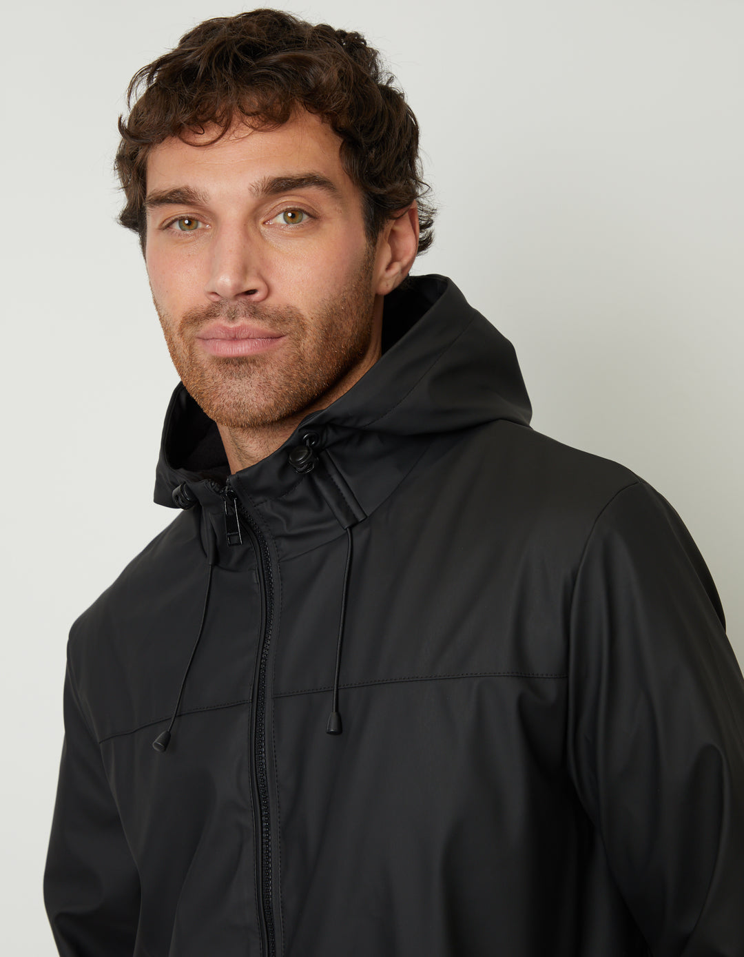 Black Microfleece Lined Hooded Rubberised Raincoat