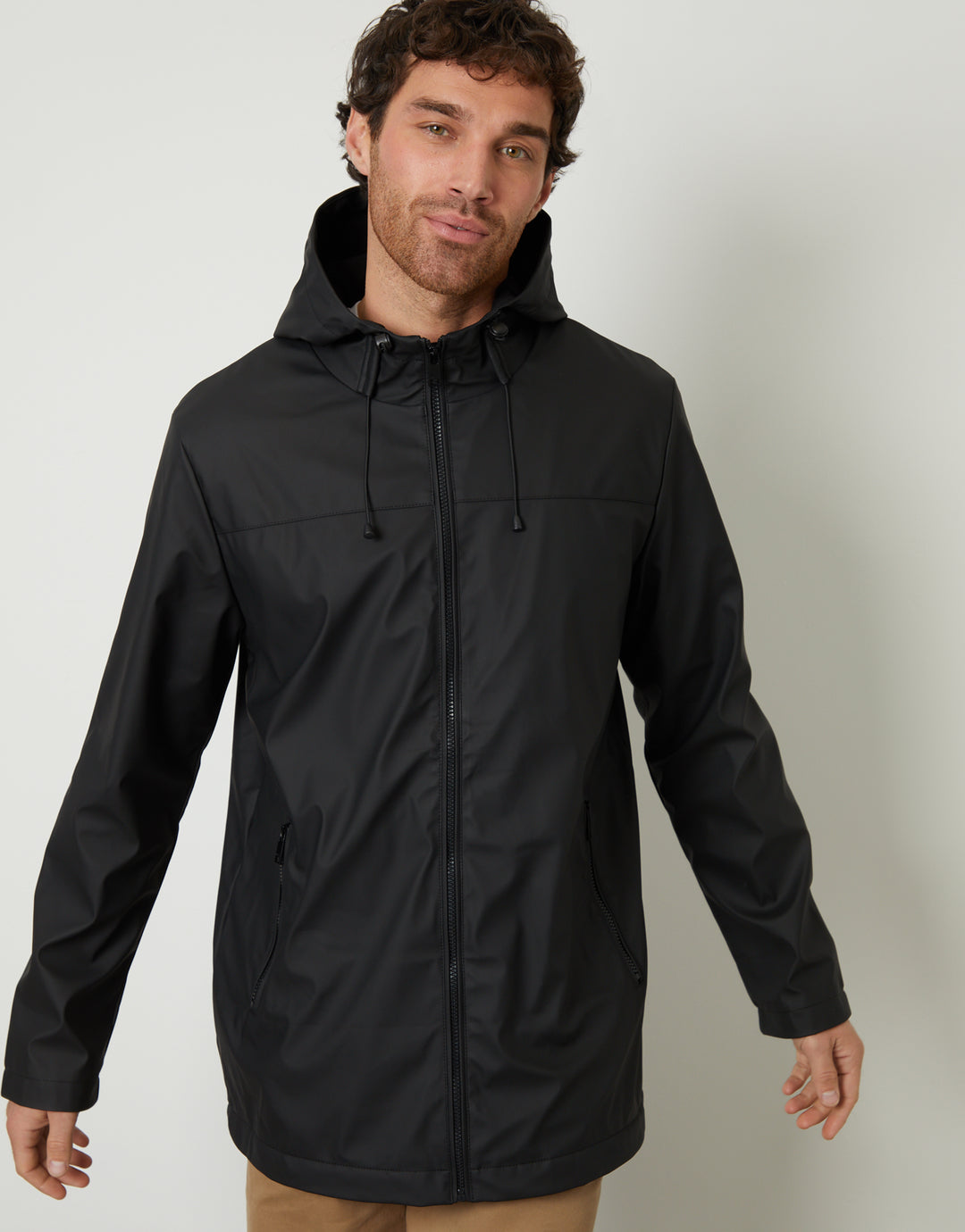 Black Microfleece Lined Hooded Rubberised Raincoat