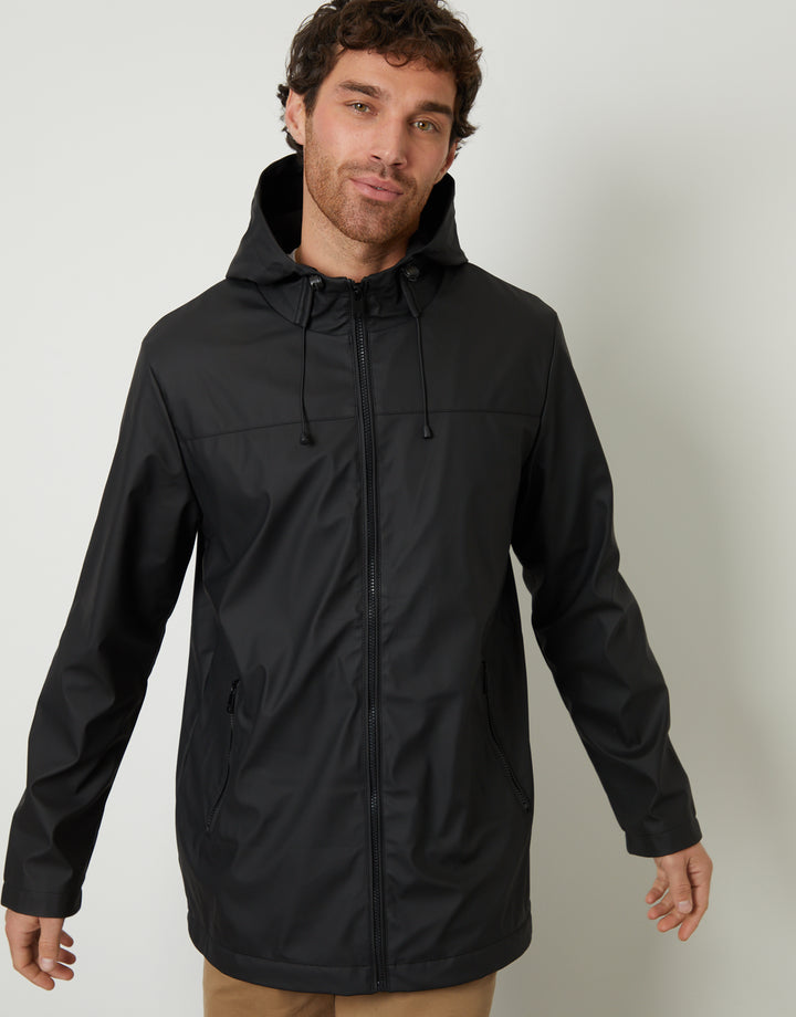 Black Microfleece Lined Hooded Rubberised Raincoat