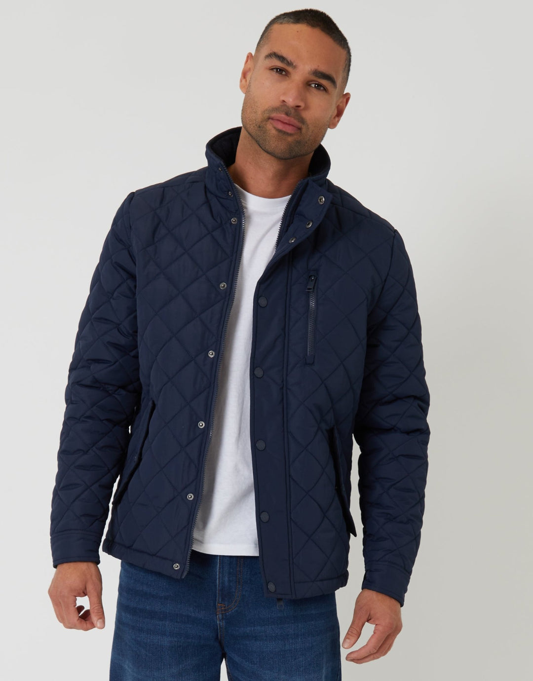 Worn Threadbare Threadbare Men's Navy Showerproof Funnel Neck Diamond Quilted Jacket