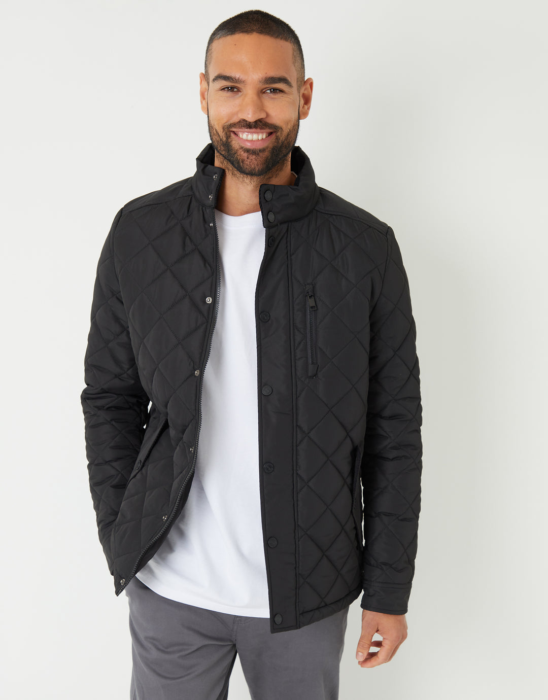 Threadbare Showerproof Funnel Neck Diamond Quilted Jacket in Black - front view, worn open