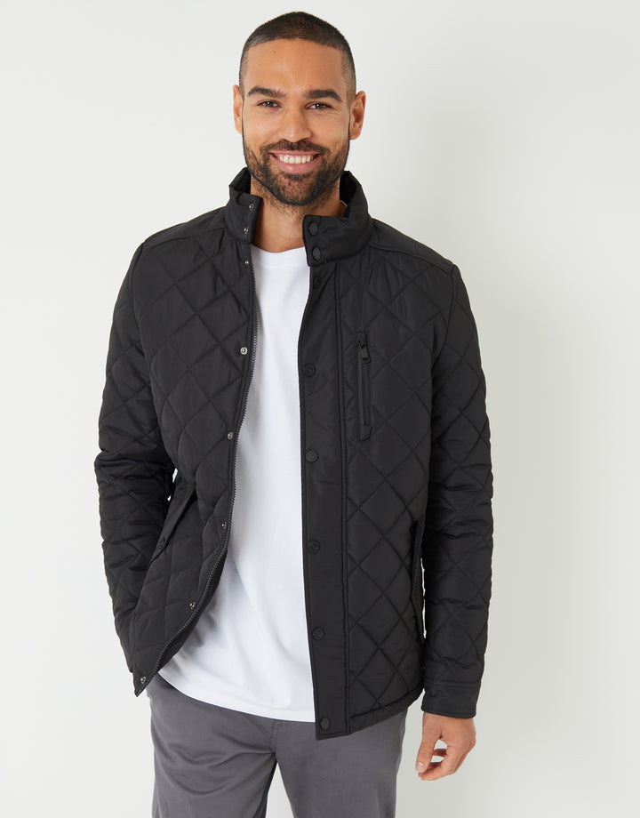 Threadbare Showerproof Funnel Neck Diamond Quilted Jacket in Black - front view, worn open