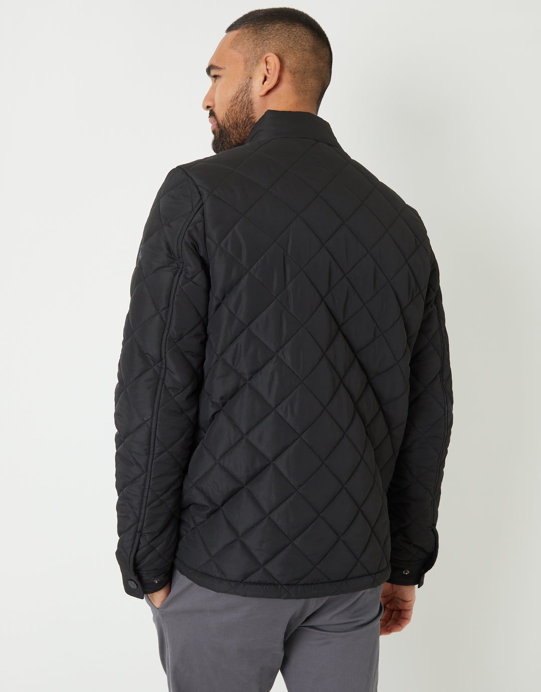 Threadbare Showerproof Funnel Neck Diamond Quilted Jacket in Black - back view