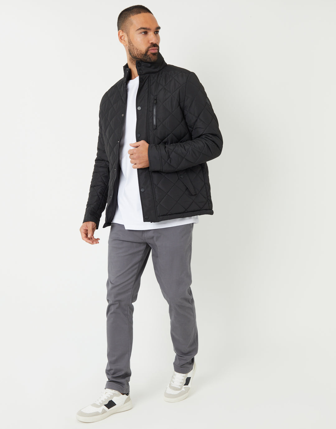 Threadbare Showerproof Funnel Neck Diamond Quilted Jacket in Black - full body