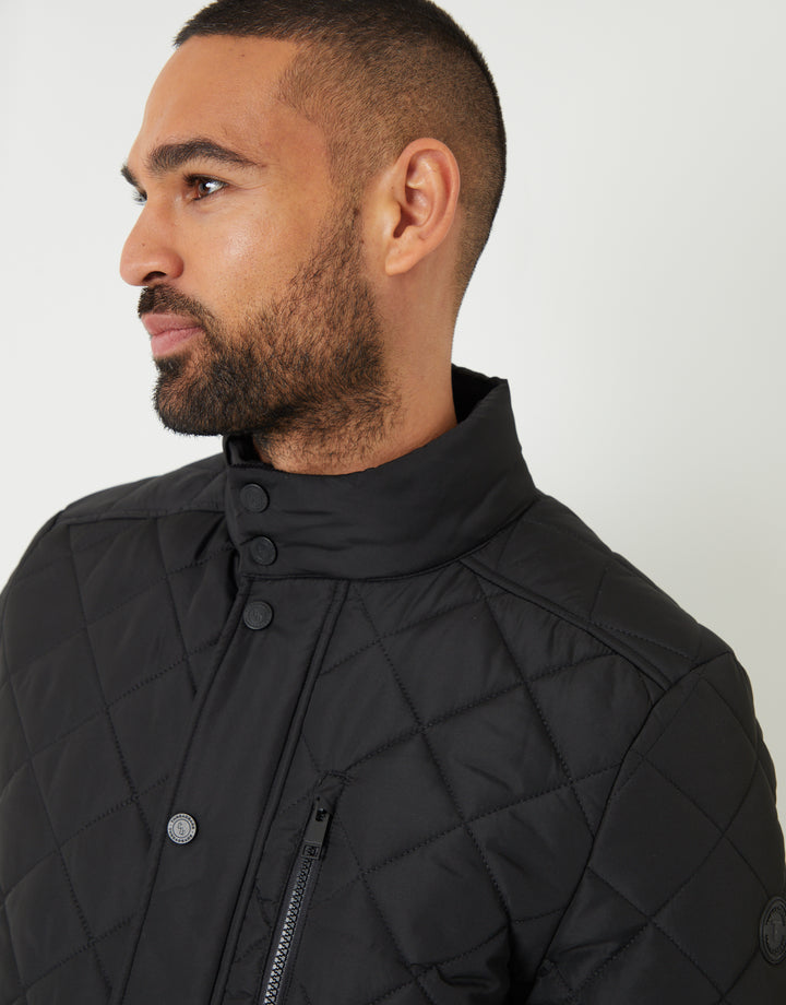 Threadbare Showerproof Funnel Neck Diamond Quilted Jacket in Black - funnel neck close up