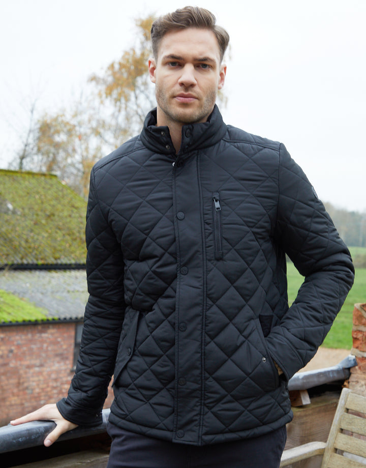 Black Funnel Neck Diamond Quilted Jacket