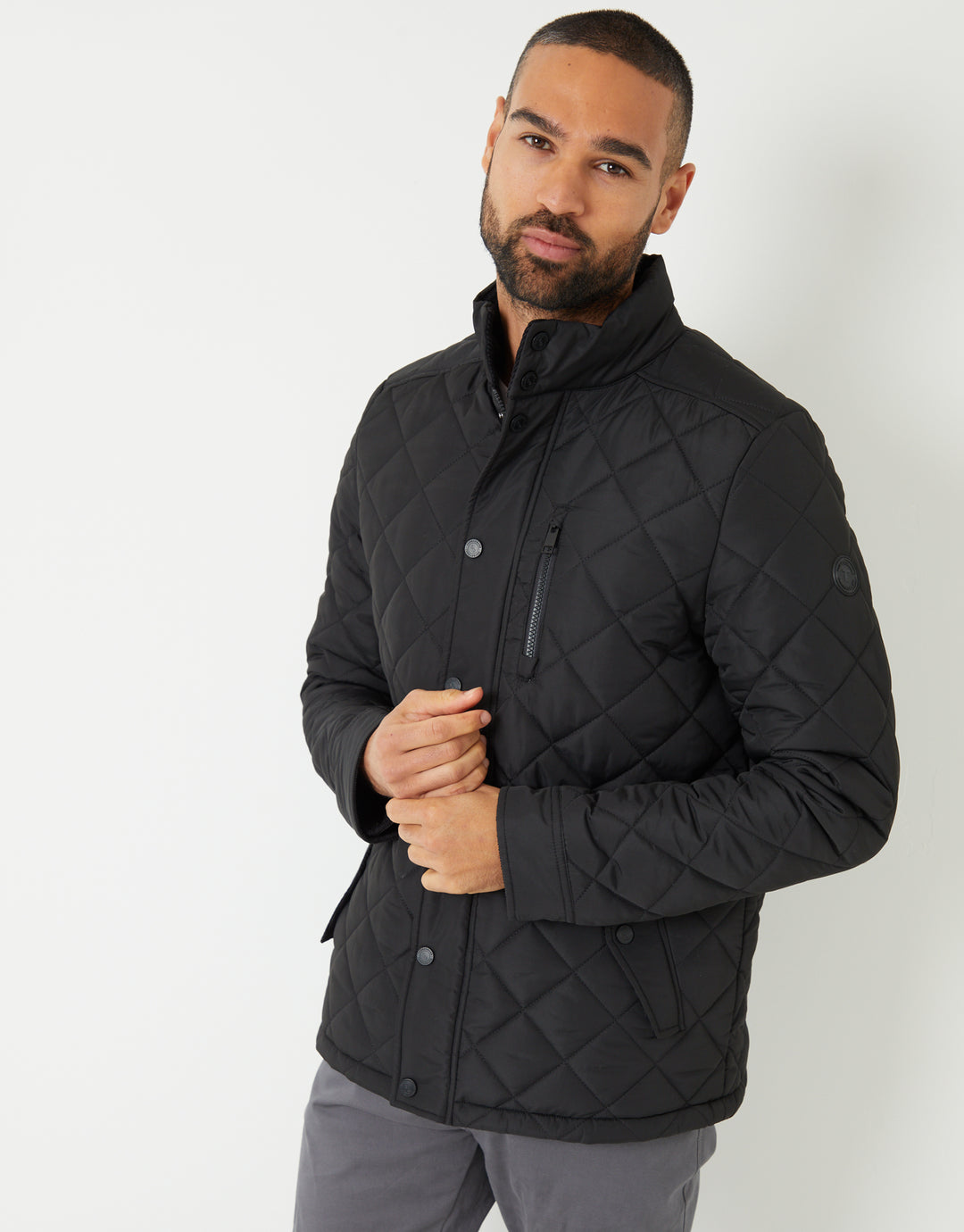 Threadbare Showerproof Funnel Neck Diamond Quilted Jacket in Black - front view