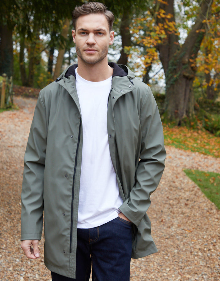 Khaki Green Microfleece Lined Longline Hooded Raincoat