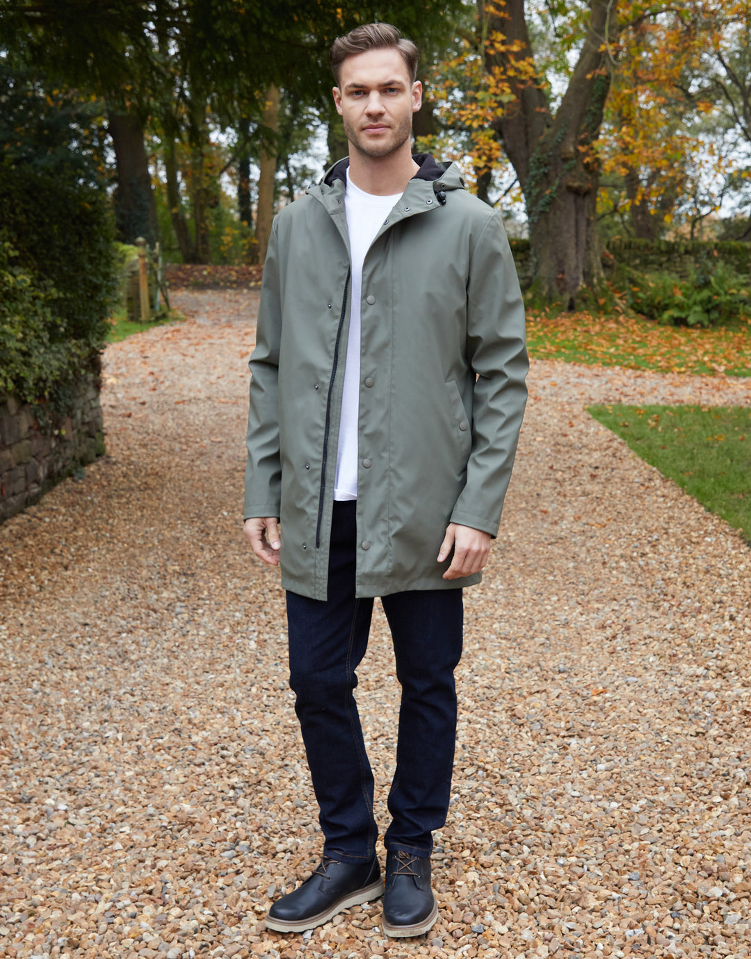 Khaki Green Microfleece Lined Longline Hooded Raincoat