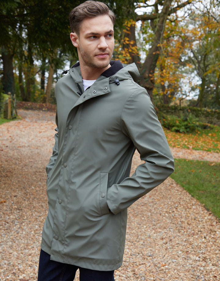 Khaki Green Microfleece Lined Longline Hooded Raincoat
