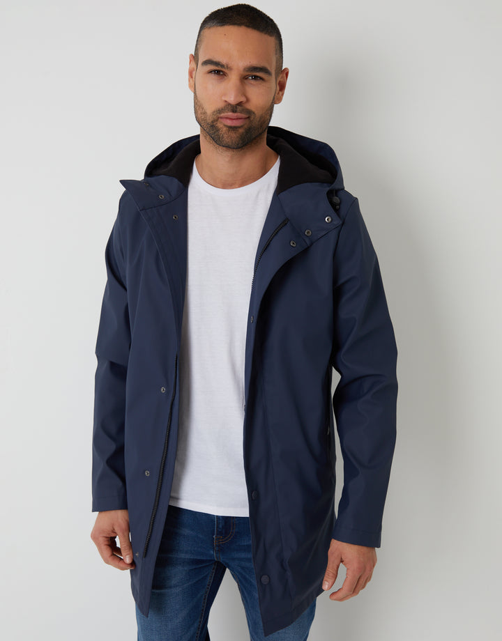 Navy Microfleece Lined Longline Hooded Raincoat