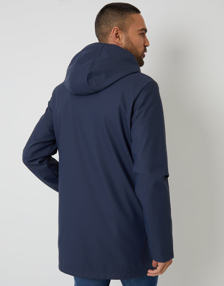 Navy Microfleece Lined Longline Hooded Raincoat