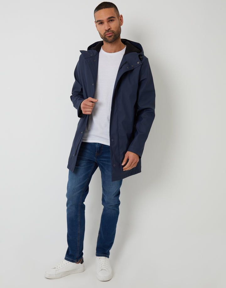Navy Microfleece Lined Longline Hooded Raincoat