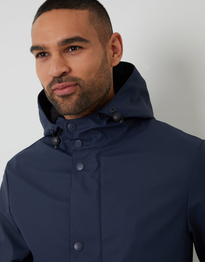 Navy Microfleece Lined Longline Hooded Raincoat