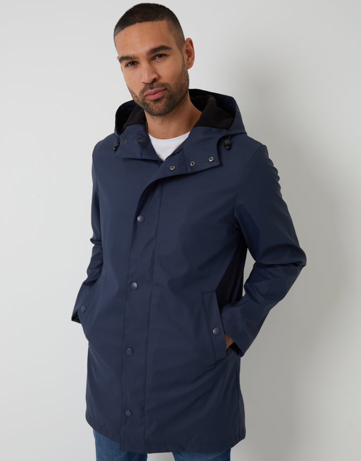 Navy Microfleece Lined Longline Hooded Raincoat