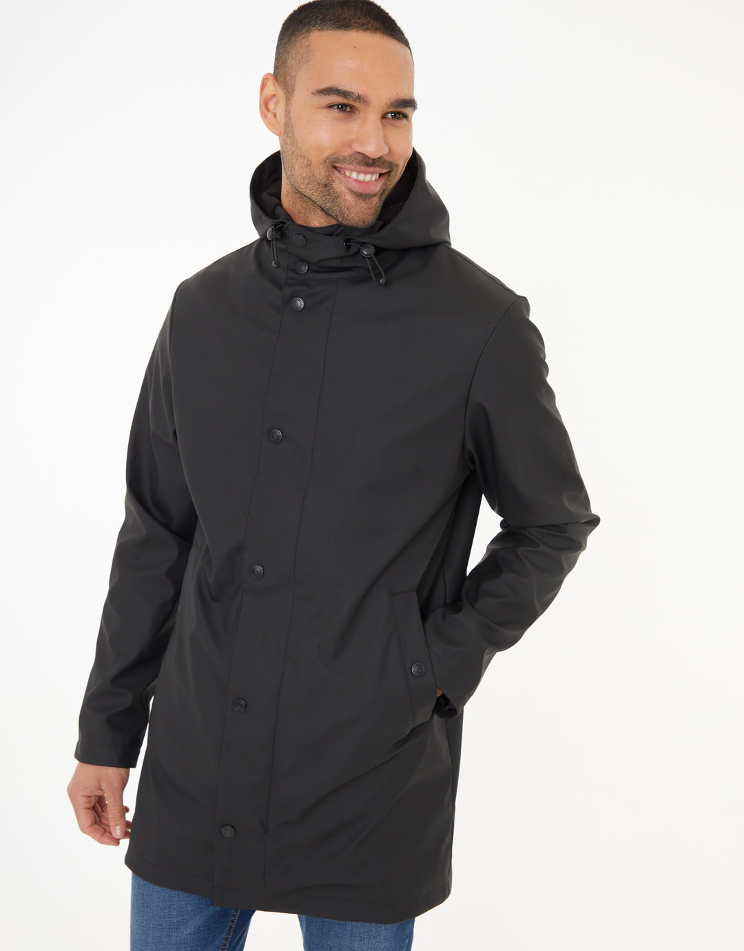 Black Microfleece Lined Longline Hooded Raincoat