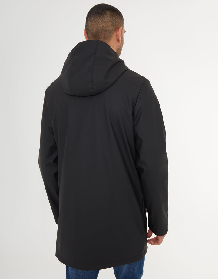 Black Microfleece Lined Longline Hooded Raincoat