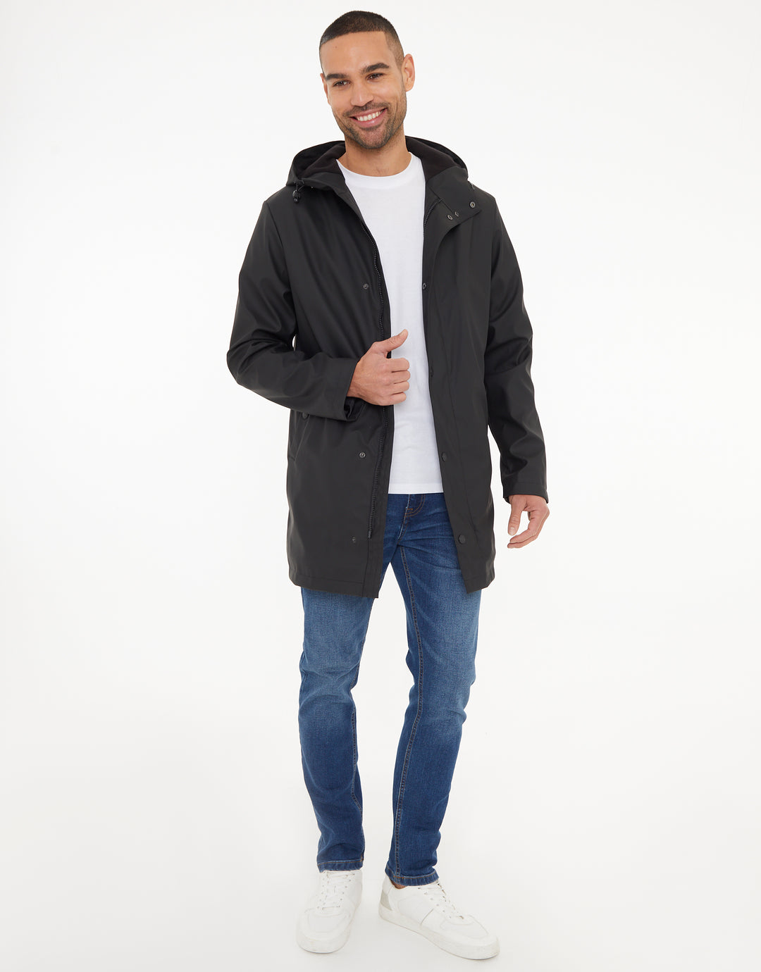 Black Microfleece Lined Longline Hooded Raincoat