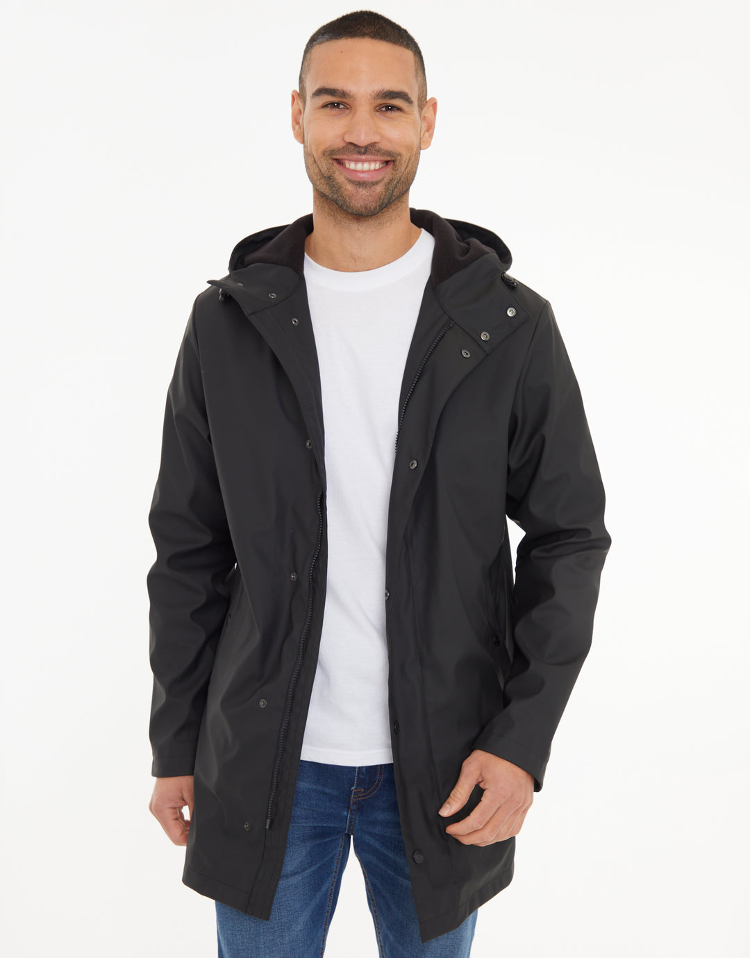 Black Microfleece Lined Longline Hooded Raincoat