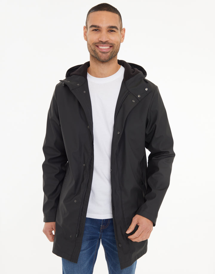 Black Microfleece Lined Longline Hooded Raincoat