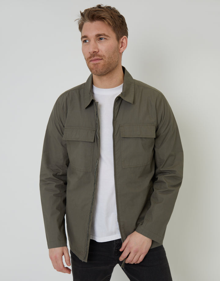 Khaki Green Cotton Poplin Lightweight Collared Jacket