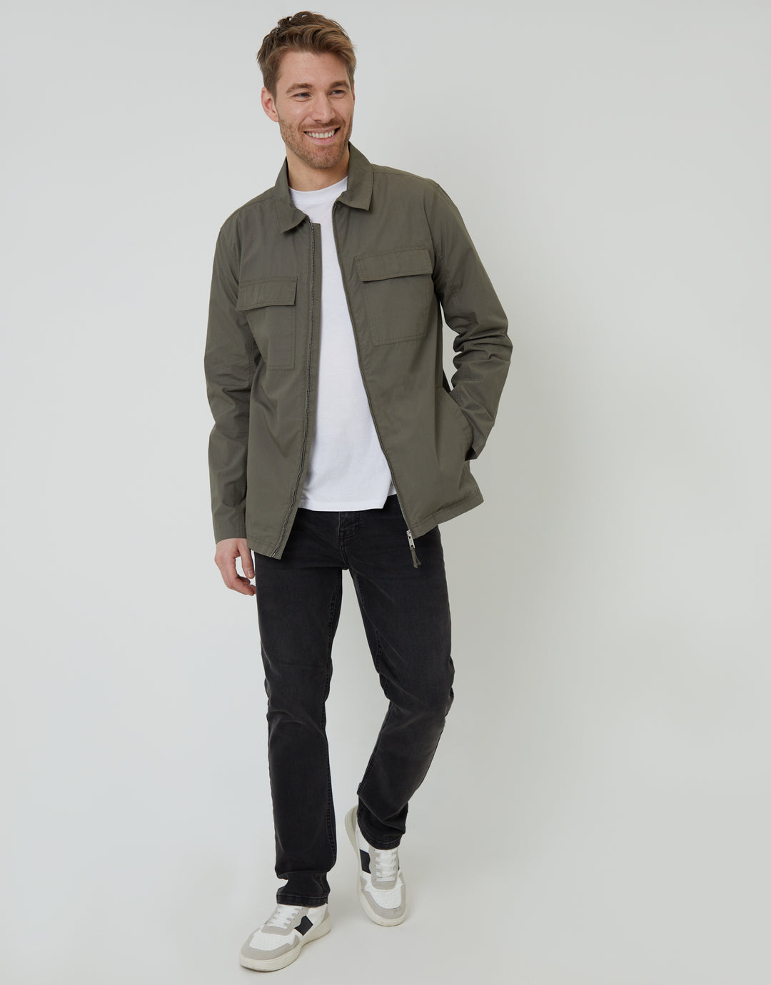 Khaki Green Cotton Poplin Lightweight Collared Jacket