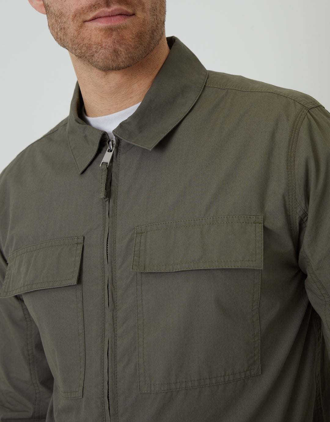 Khaki Green Cotton Poplin Lightweight Collared Jacket