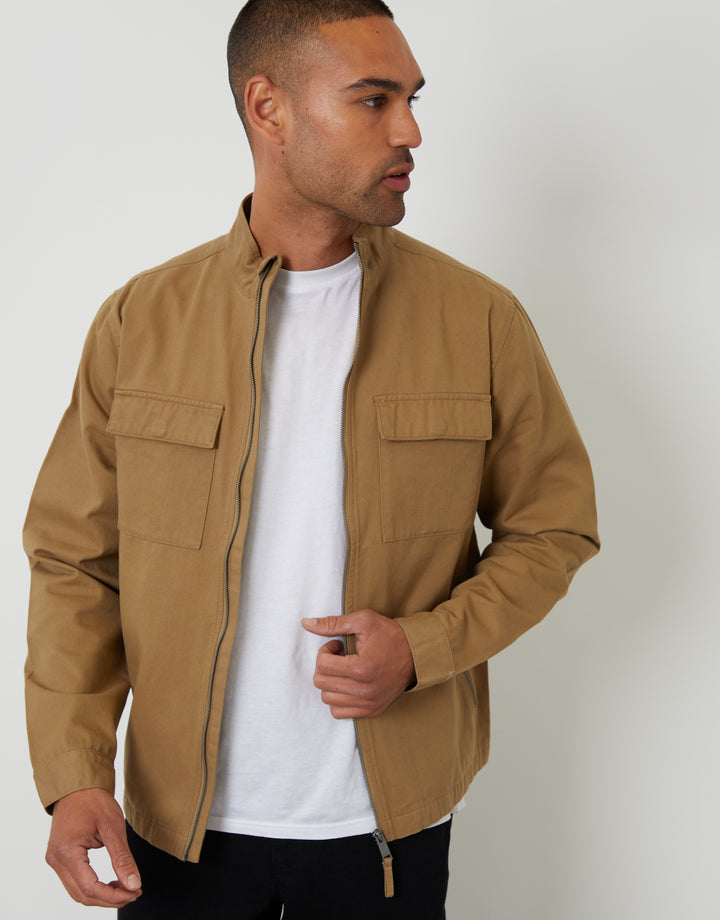 Dark Stone Cotton Twill Lightweight Funnel Neck Jacket