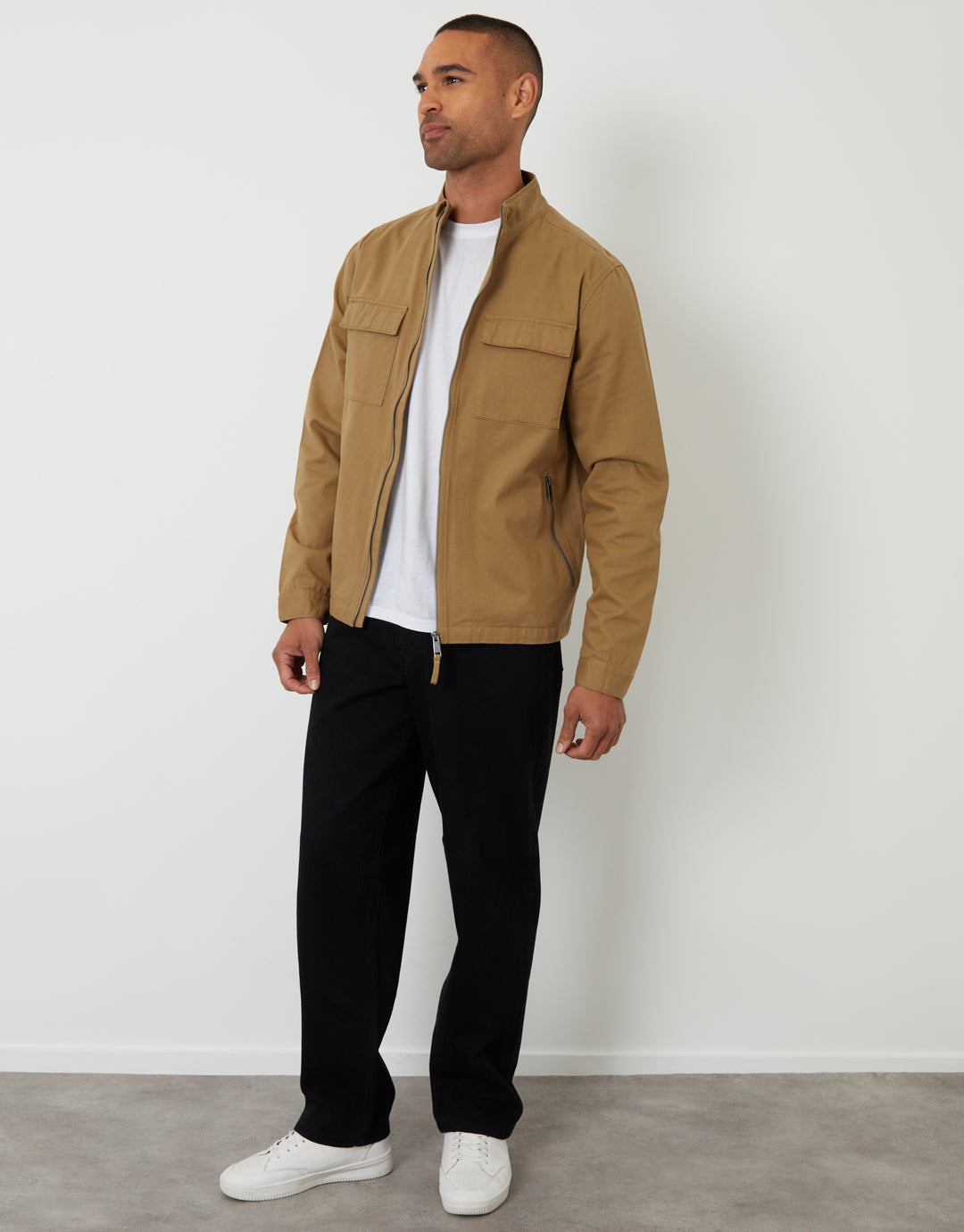 Dark Stone Cotton Twill Lightweight Funnel Neck Jacket