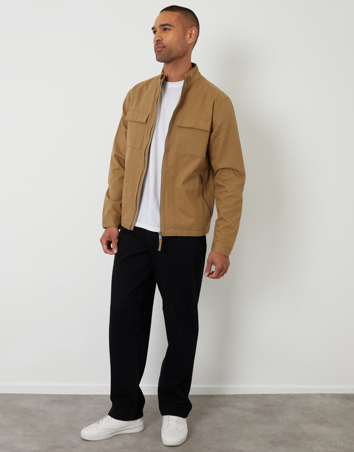 Dark Stone Cotton Twill Lightweight Funnel Neck Jacket