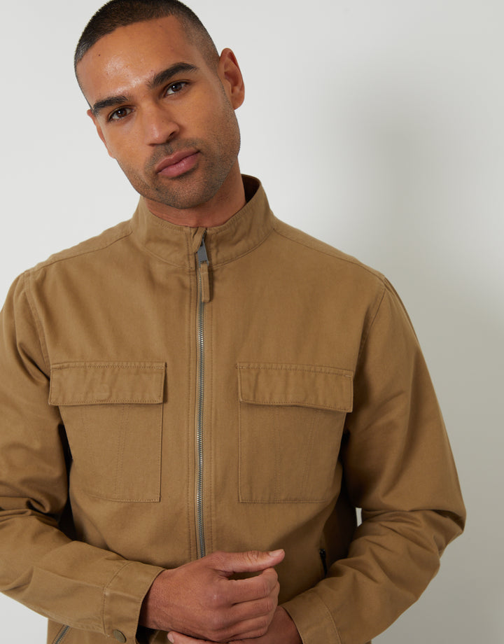 Dark Stone Cotton Twill Lightweight Funnel Neck Jacket