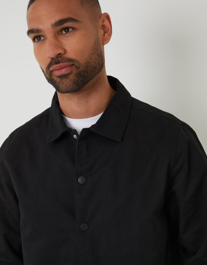 Black Cotton Twill Lightweight Collared Jacket
