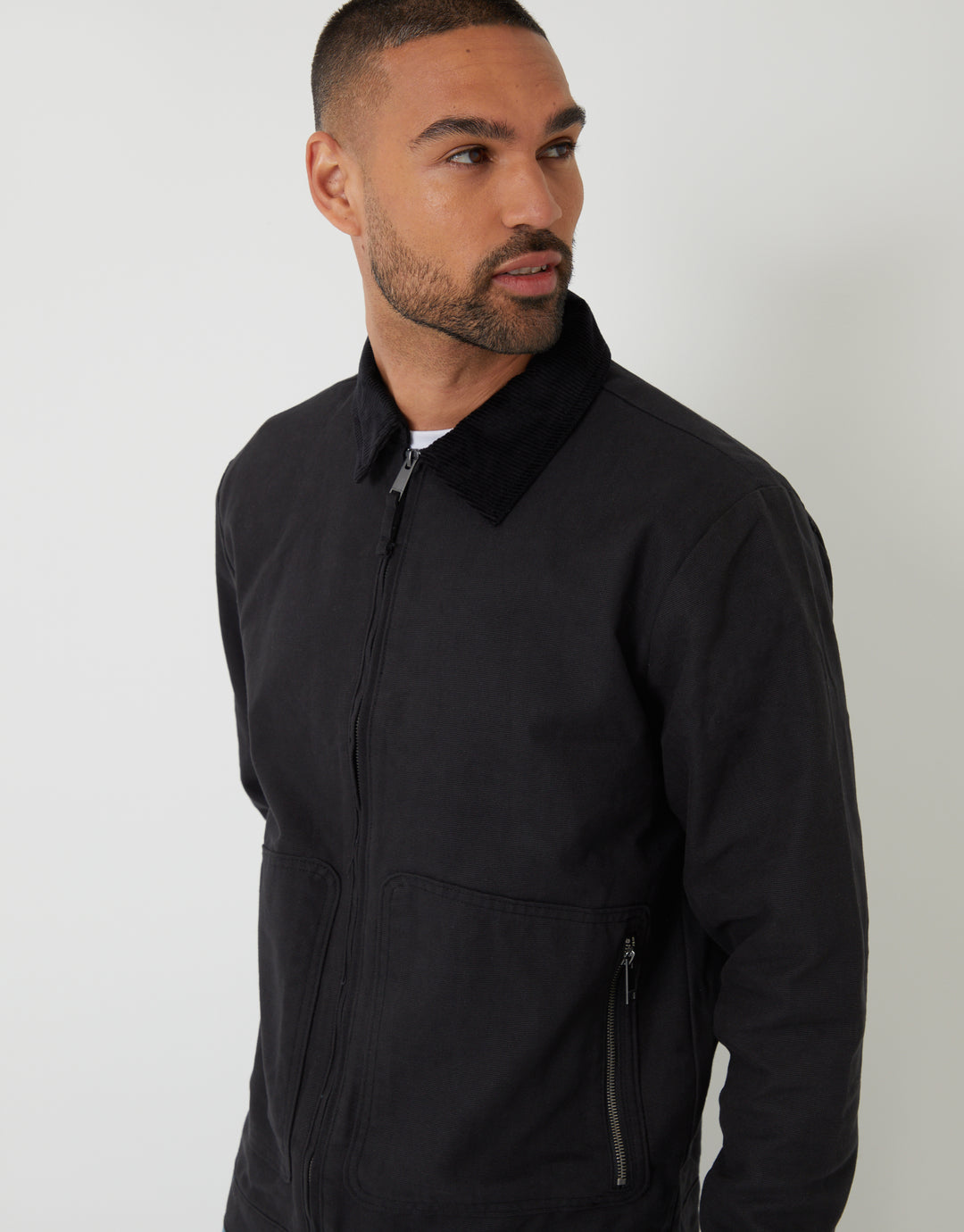 Black Cotton Corduroy Collar Lightweight Jacket