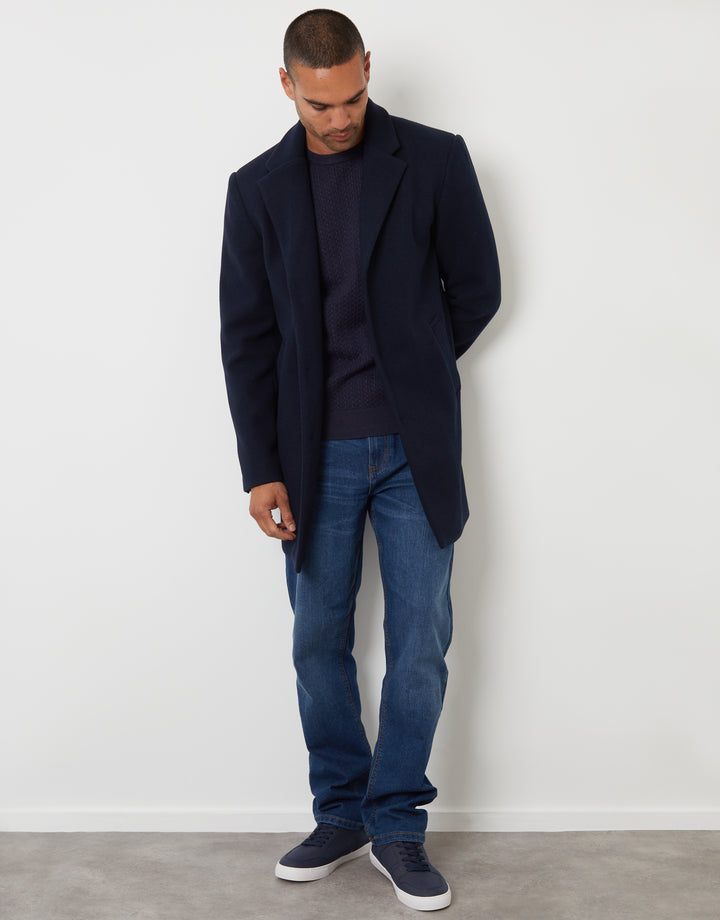 Navy Faux Wool Overcoat