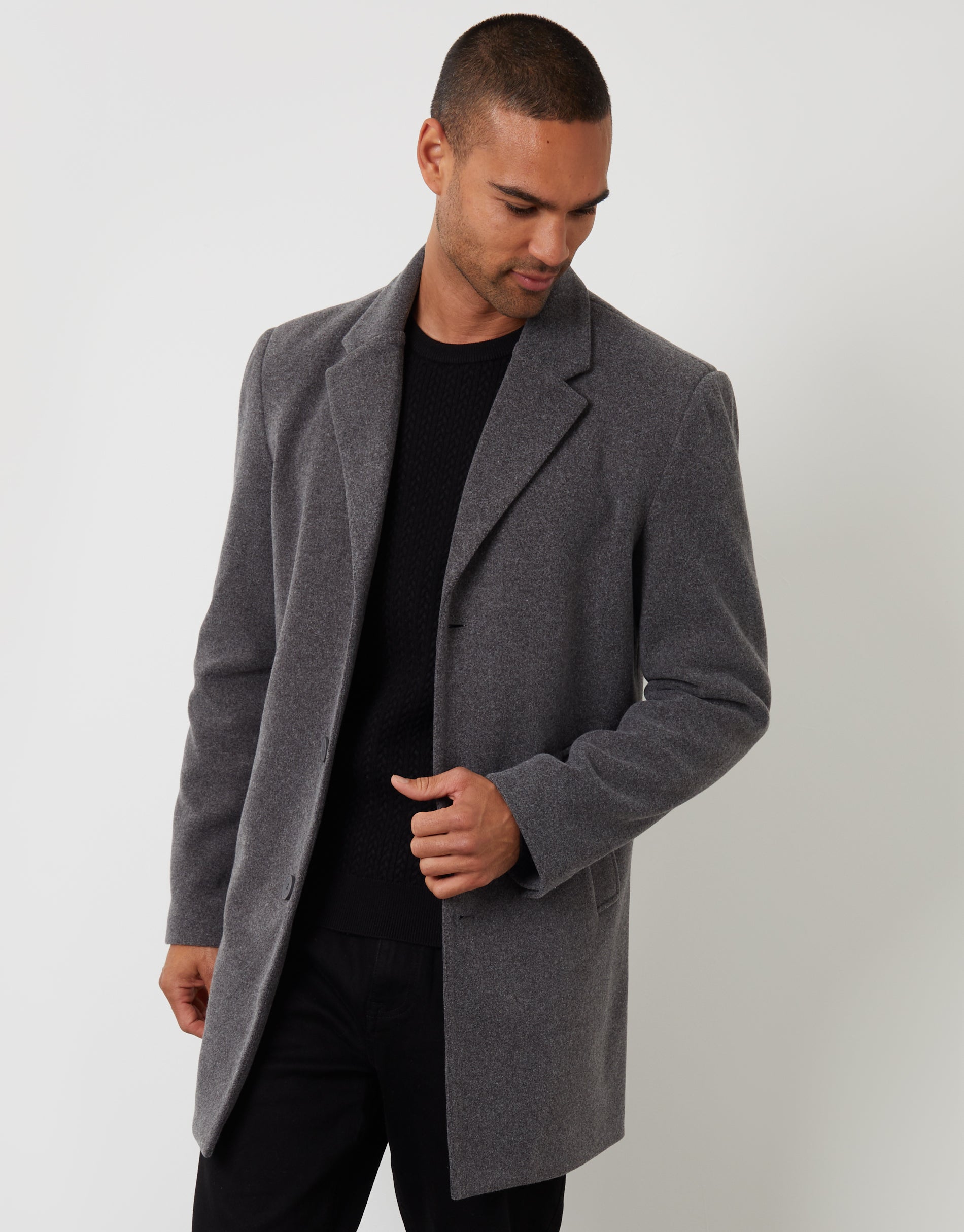Threadbare Men's Charcoal Grey Faux Wool Overcoat