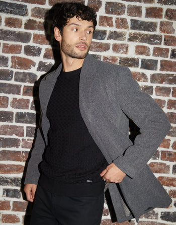 Threadbare Faux Wool Overcoat in Charcoal Grey - front view, worn open