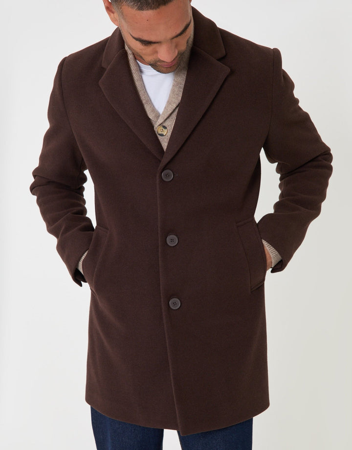 Threadbare Faux Wool Overcoat in Chocolate Brown - front view detail