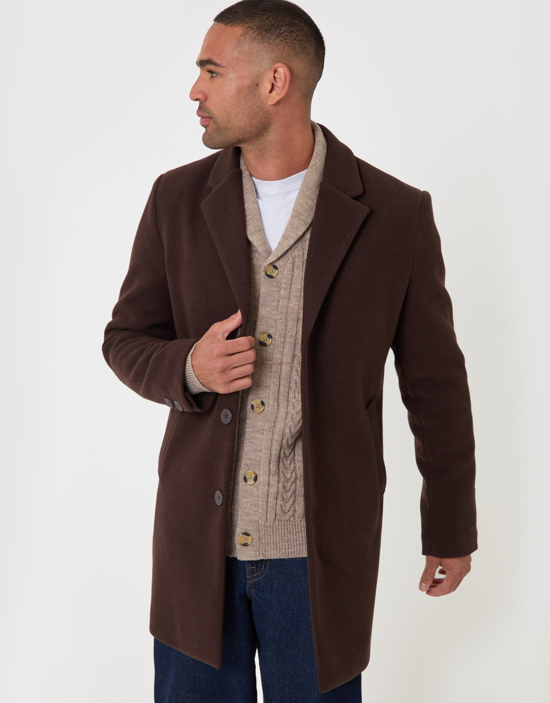 Threadbare Faux Wool Overcoat in Chocolate Brown - front view