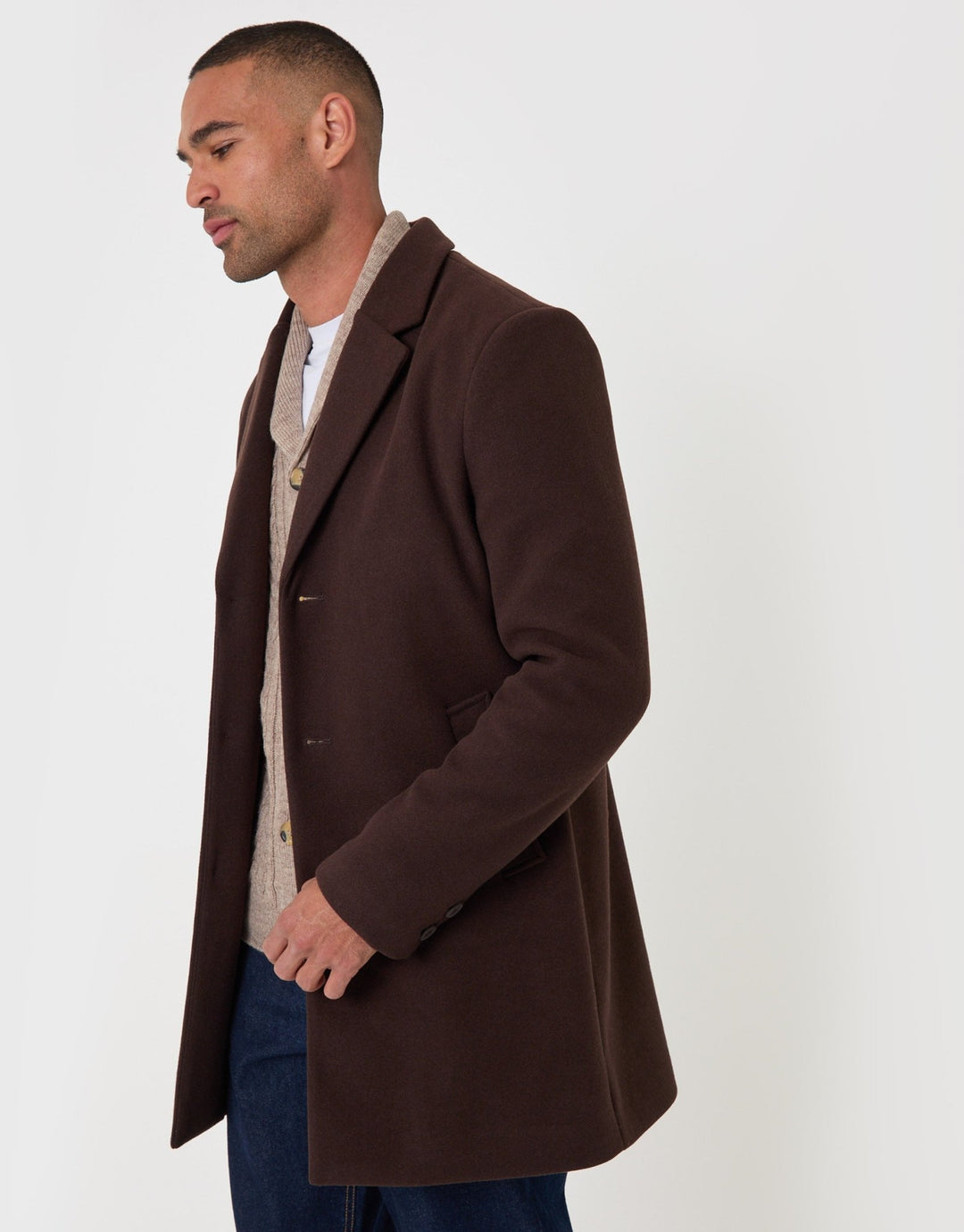 Threadbare Faux Wool Overcoat in Chocolate Brown - side view