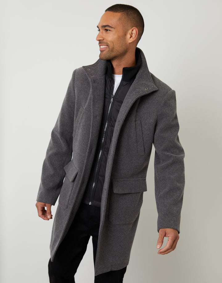 Charcoal Grey Faux Wool Mock Layer Longline Utility Coat