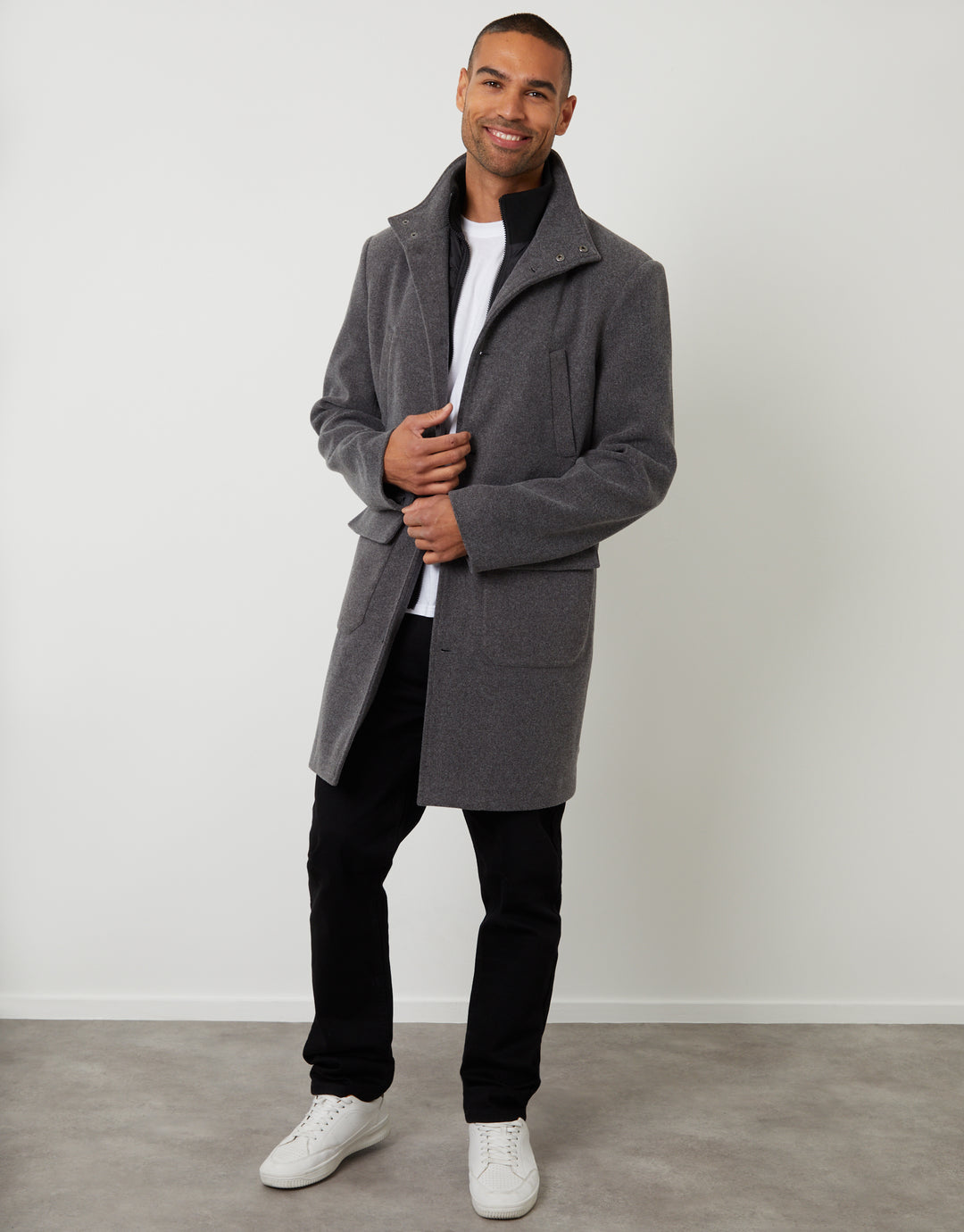 Charcoal Grey Faux Wool Mock Layer Longline Utility Coat