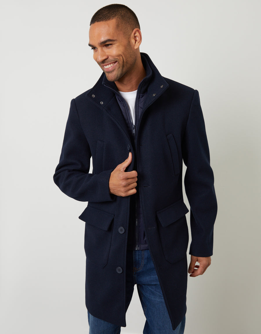 Threadbare Men's Navy Faux Wool Mock Layer Longline Utility Coat